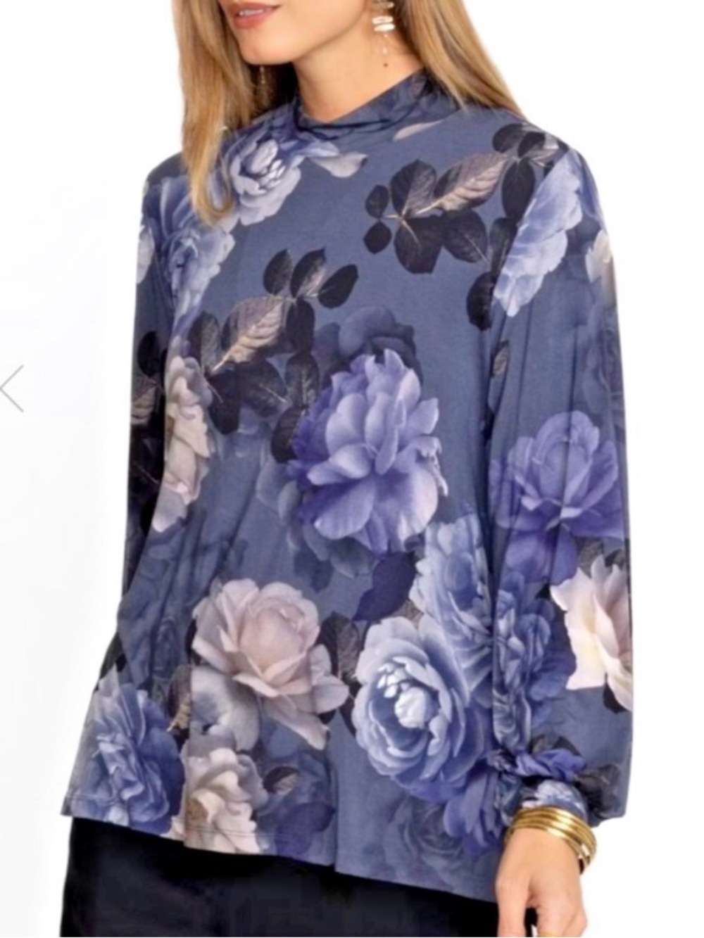 Johnny Was Women's 2XL Grey Peony Puff Sleeve Mock Neck Tunic Top Floral Soft